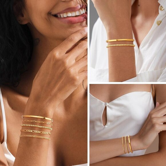 Gold Bracelets Set 18K 14K Real Gold Plated Copper Waterproof Cuff Jewelry - Picture 6 of 7